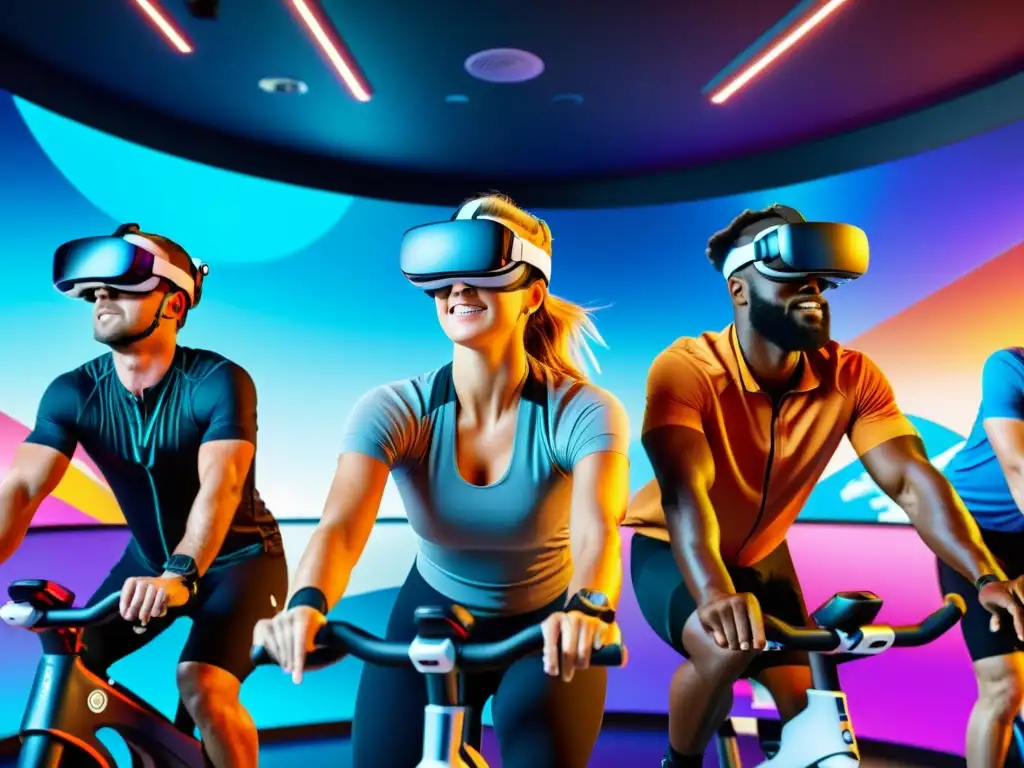 Realidad virtual en fitness: ciclistas inmersos en paisaje digital 8k Grupo de entusiastas del fitness en realidad virtual, pedaleando en paisaje digital con gamificación en fitness para motivación