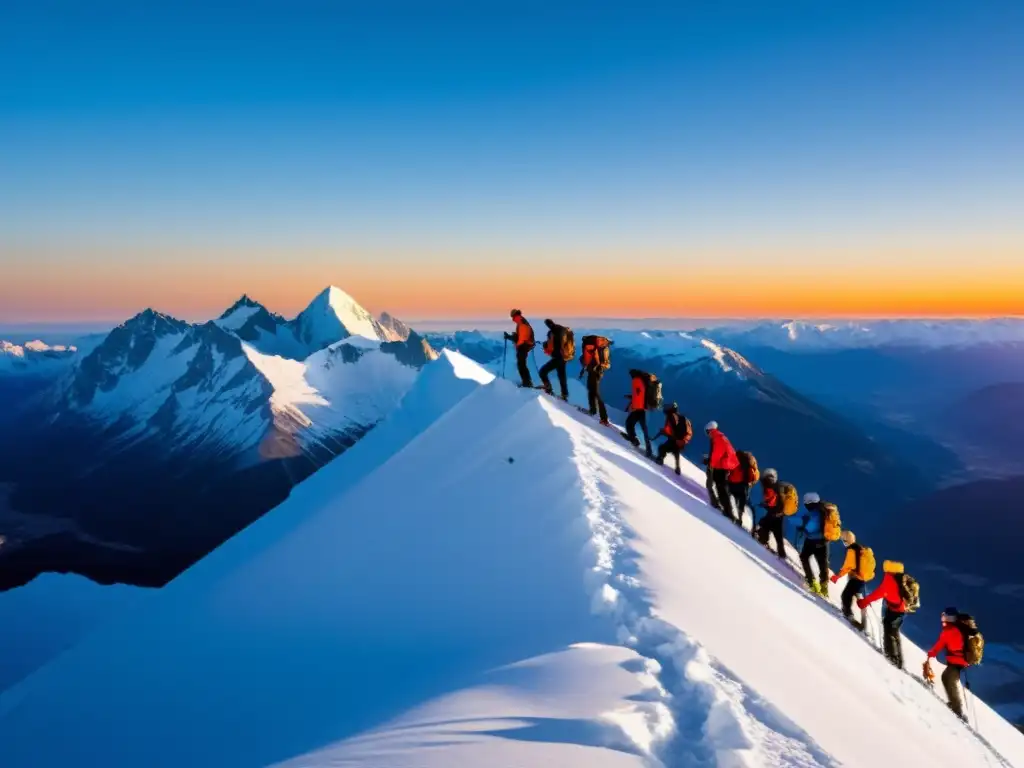 Alpinistas en cumbre nevada al atardecer Grupo de escaladores en la cima nevada con atardecer detrás de pico