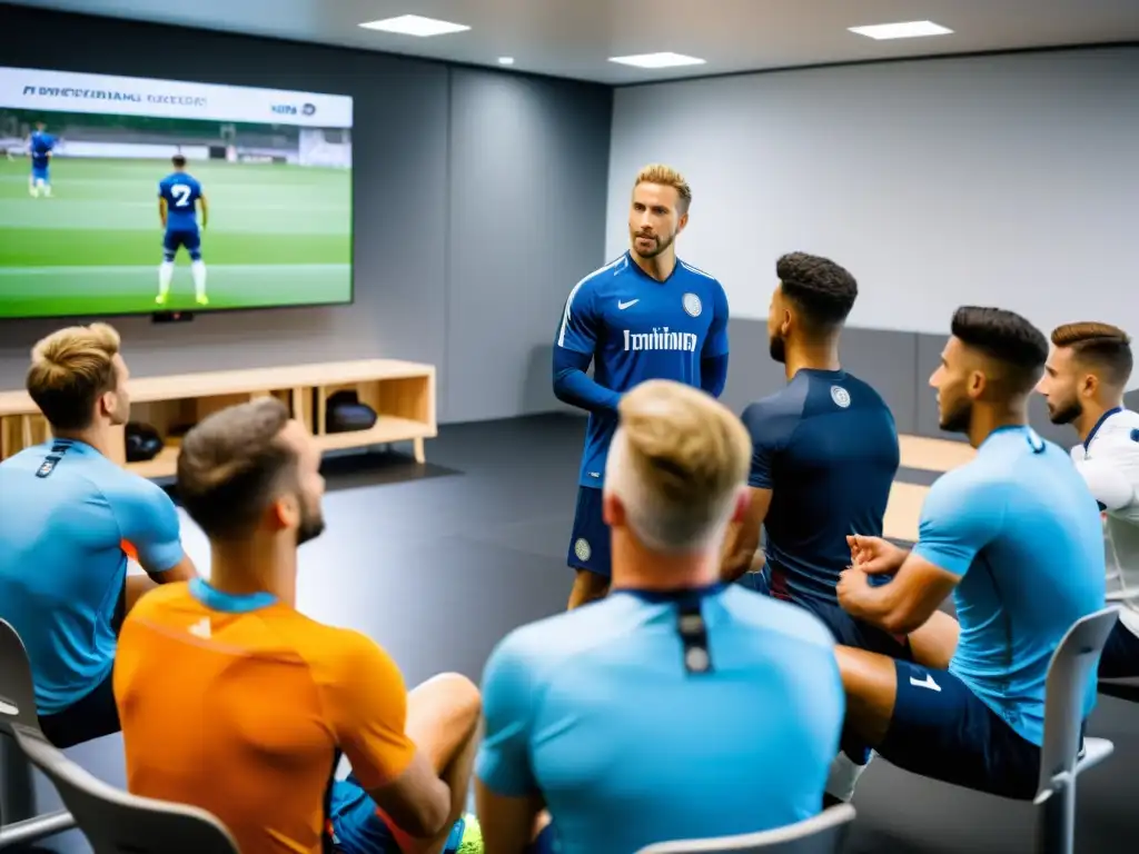 Entrenamiento de Fútbol Profesional con Nutricionista Expert@ Grupo de futbolistas profesionales escuchando a nutricionista sobre la importancia de la carga de carbohidratos en instalación de vanguardia