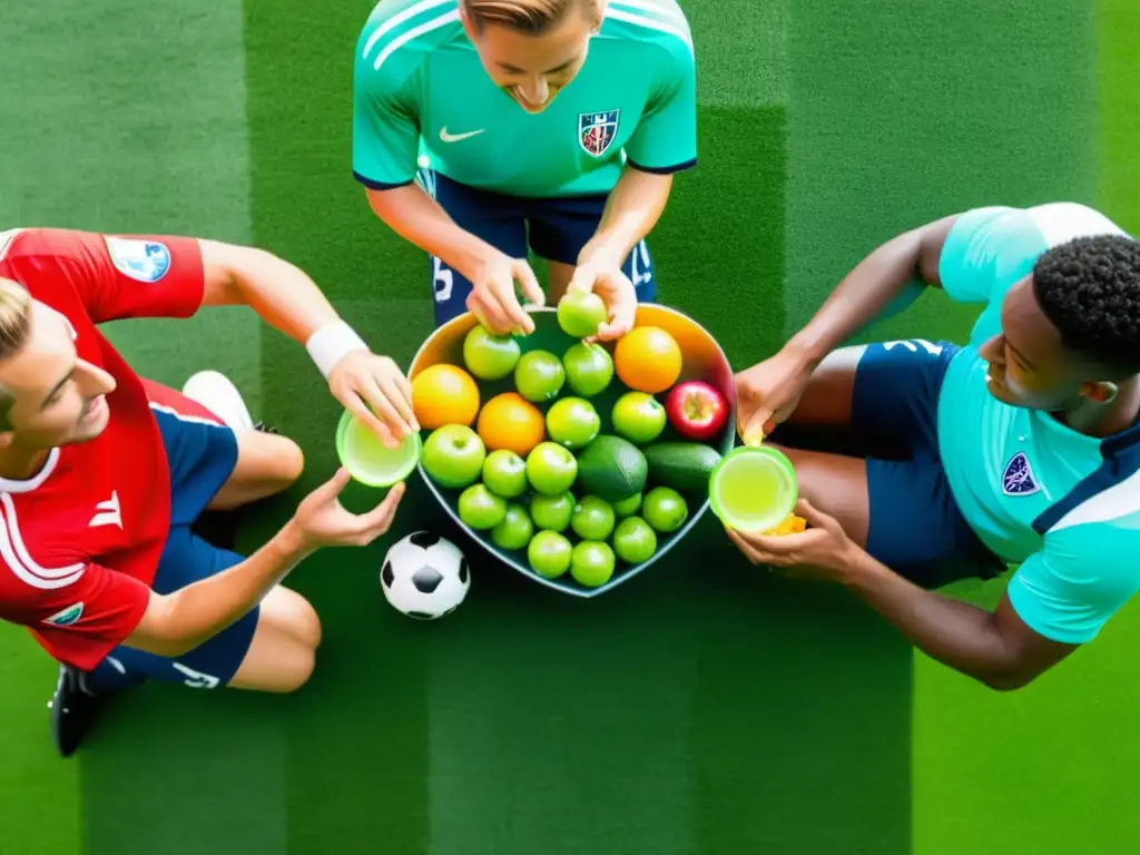 Jugadores de fútbol disfrutan de snacks saludables en el campo Un grupo de futbolistas disfruta de snacks estratégicos para nutrición deportiva en un campo soleado
