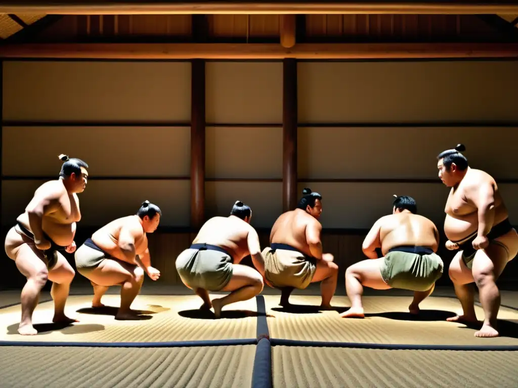 Entrenamiento intenso de sumo: Musculatura sudorosa en acción Grupo de luchadores de sumo entrenando intensamente en un stable, demostrando la dedicación y fuerza necesarias para el deporte del sumo