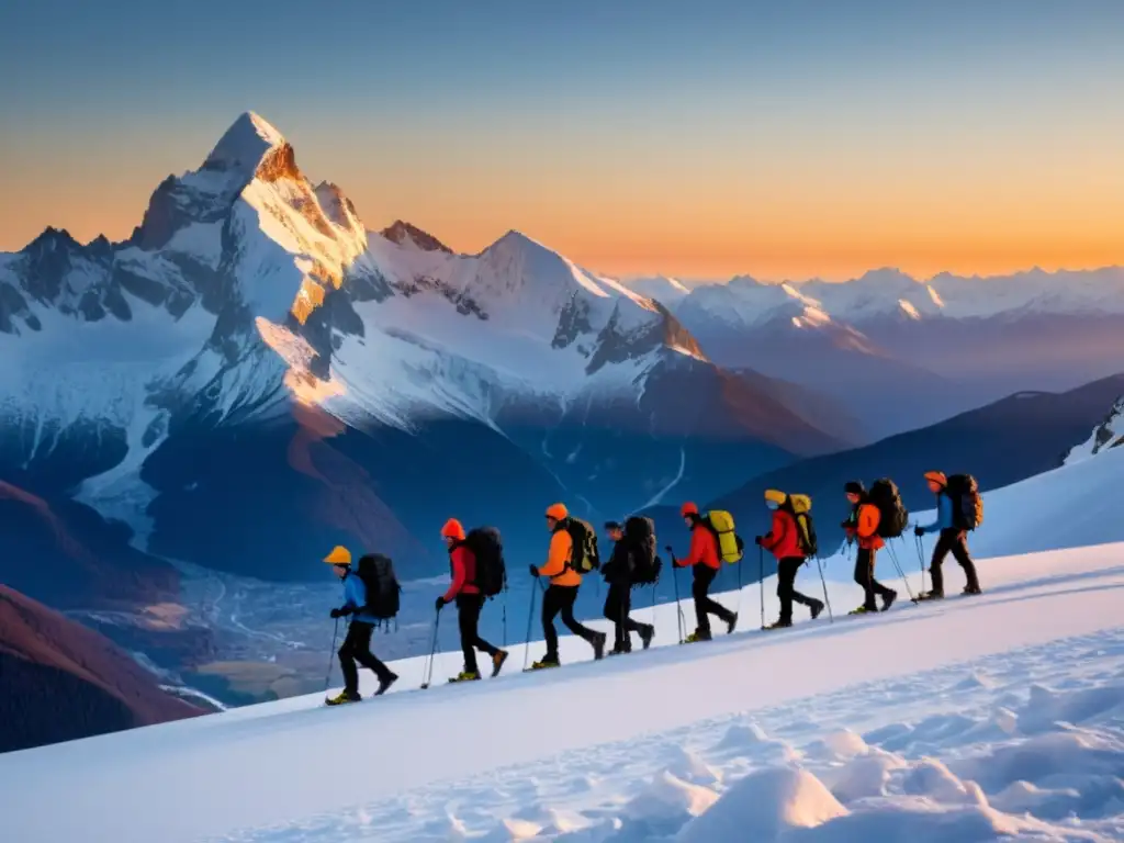 Excursión al atardecer en la montaña nevada Grupo de montañistas disfrutando el atardecer en la cima nevada, respirando aire frío