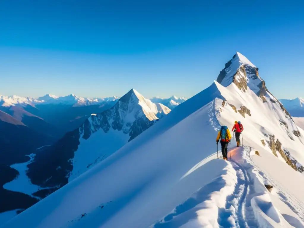Amanecer épico en montaña nevada: ascenso de alpinistas Grupo de montañistas ascendiendo una empinada montaña nevada al amanecer, con paisaje invernal y desayunos energéticos montañismo invierno