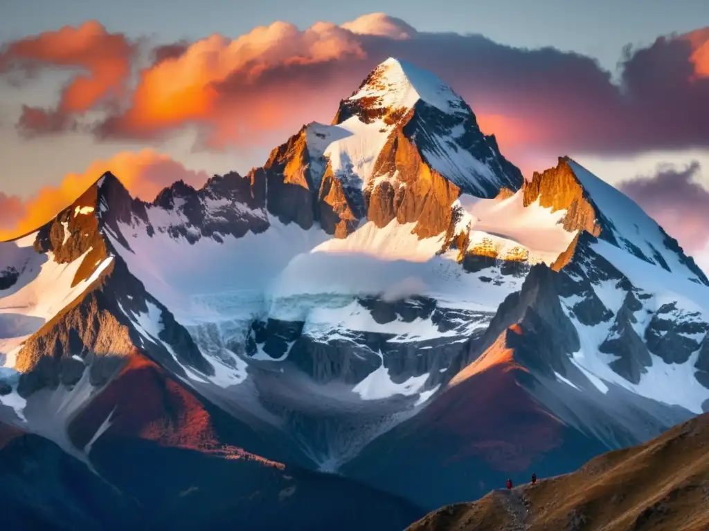 Ascenso al atardecer: montañeros conquistando picos nevados Un grupo de montañistas ascendiendo por una empinada pendiente rocosa hacia un pico nevado, iluminado por el cálido resplandor del sol poniente