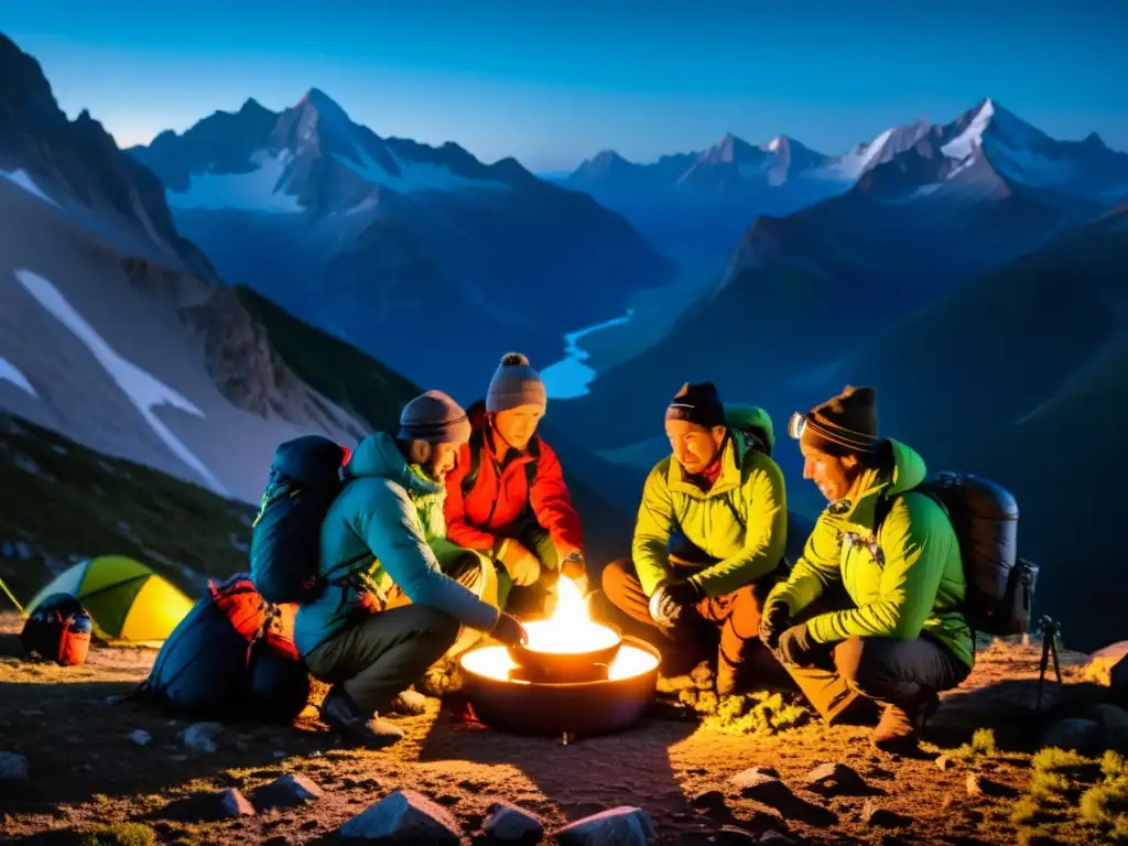 Preparación nocturna para ascenso de alta montaña Grupo de montañistas modernos preparándose para una escalada de alto de altitud, con cocina de alto rendimiento
