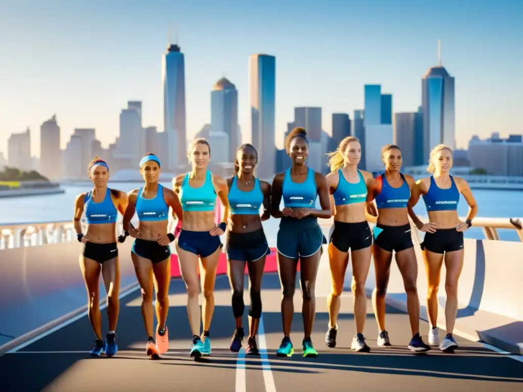 Maratonistas femeninas listas para la carrera urbana al amanecer Grupo de mujeres maratonistas en la línea de partida, listas para correr