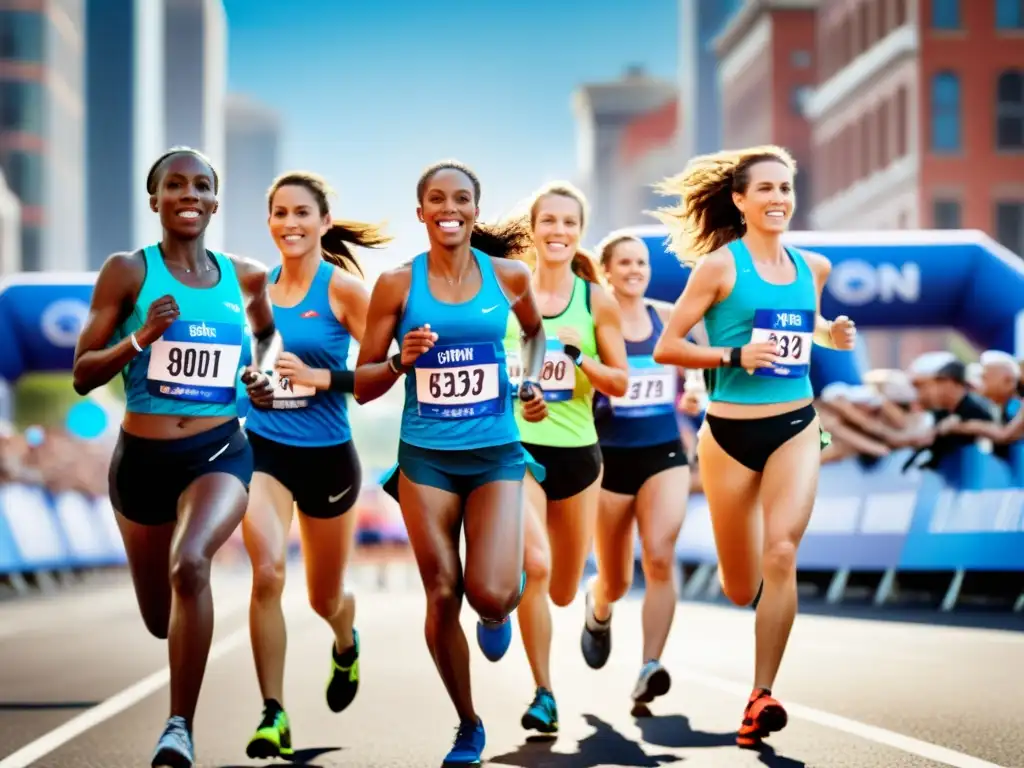 Corredoras de maratón triunfantes en la ciudad Grupo de mujeres maratonistas cruzando la meta con determinación, en una ciudad vibrante