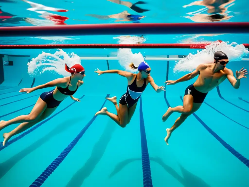 Destreza acuática: Nadadores de élite en acción Grupo de nadadores compitiendo en una piscina de última generación, mostrando determinación y fuerza