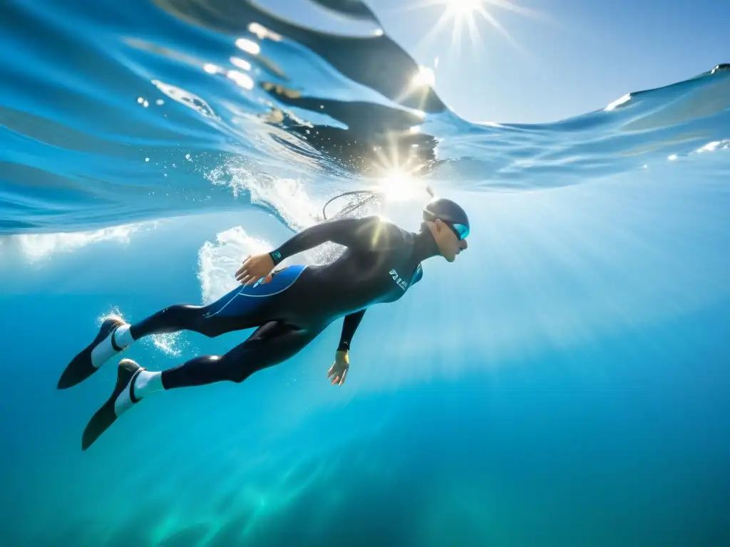 Desafío triatlético en aguas cristalinas Grupo de triatletas en aguas abiertas, con trajes de neopreno de alto rendimiento, surcando el agua en una carrera desafiante