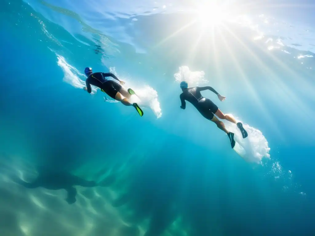 Triatletas decididos surcando aguas cristalinas Un grupo de triatletas nada con determinación en aguas abiertas, mostrando la energía y gracia de este exigente deporte
