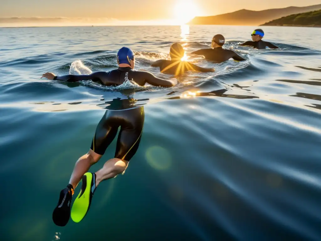 Triatletas determinados surcando aguas al amanecer Grupo de triatletas nadando al amanecer en aguas abiertas con nutrición deportiva para triatletas en aguas abiertas