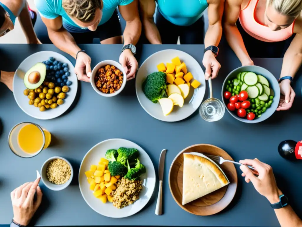 Planificación de comidas de triatletas para competencia Un grupo de triatletas planificando meticulosamente sus comidas para la competencia de la semana
