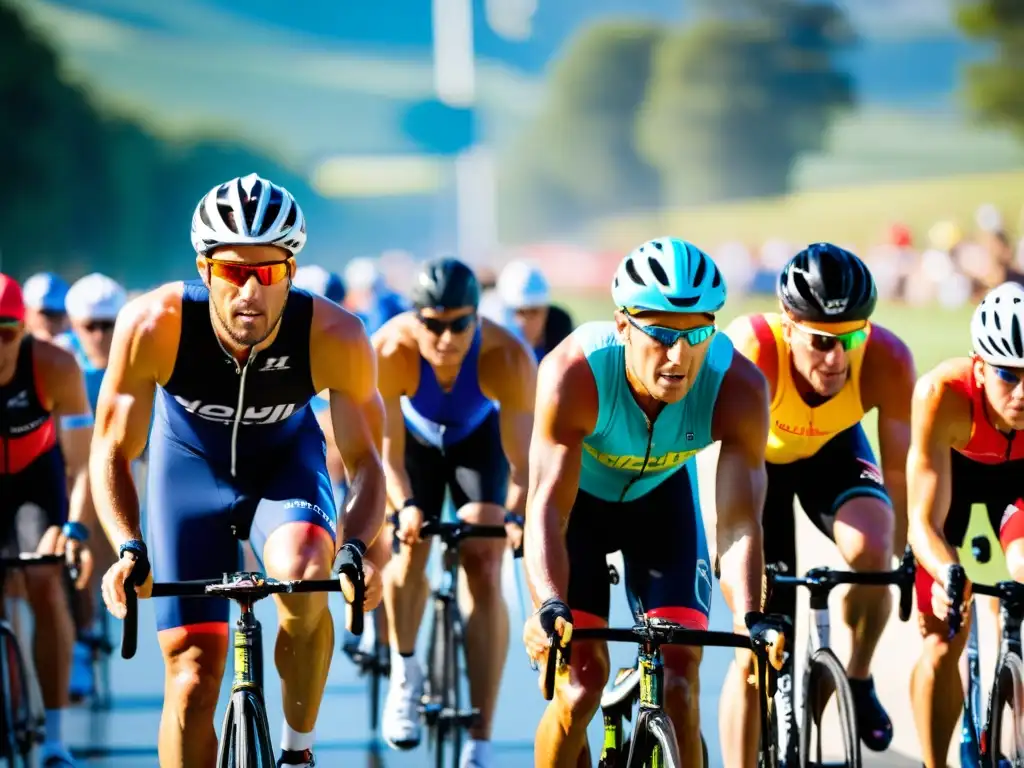Desafío Triatlón: Determinación y Resistencia en Acción Grupo de triatletas en competencia, esforzándose al máximo en la última etapa de la carrera