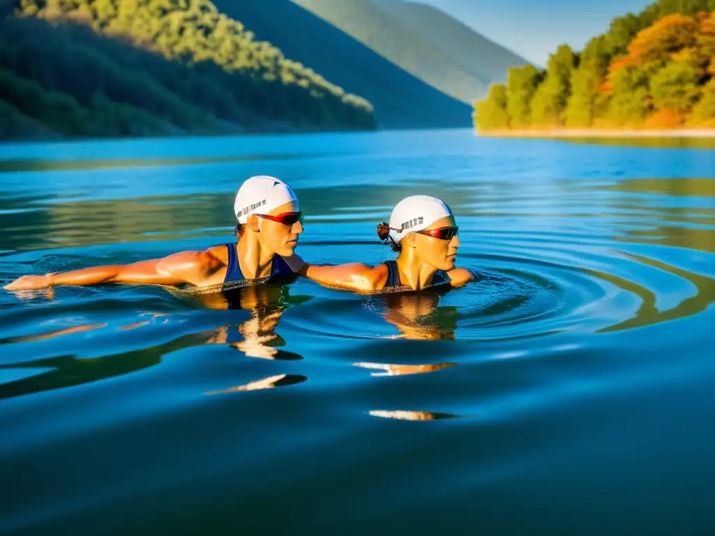 Triatletas de élite surgen en aguas cristalinas Grupo de triatletas elite emerge del lago, reflejando determinación y fuerza