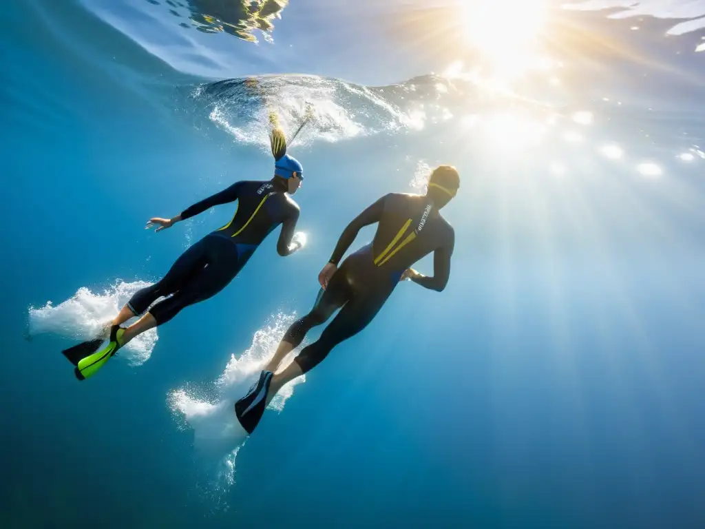 Triatletas en trajes de neopreno desafían aguas abiertas Un grupo de triatletas en neoprenos nadando en aguas abiertas, con el sol creando un brillo dorado en la superficie del agua