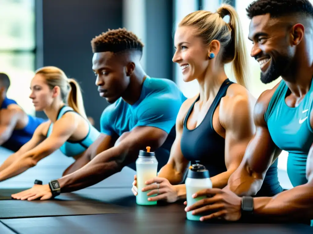 Entrenamiento integral: Nutrición y recuperación postentrenamiento Grupo variado de atletas en entrenamientos diversos, nutrición postentrenamiento y ventana anabólica en nutrición deportiva