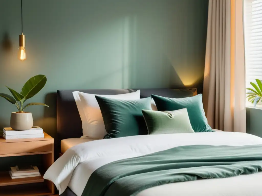 Serenidad y confort en un dormitorio moderno Una habitación moderna y serena con una cama grande y cómoda, adornada con lujosa ropa de cama