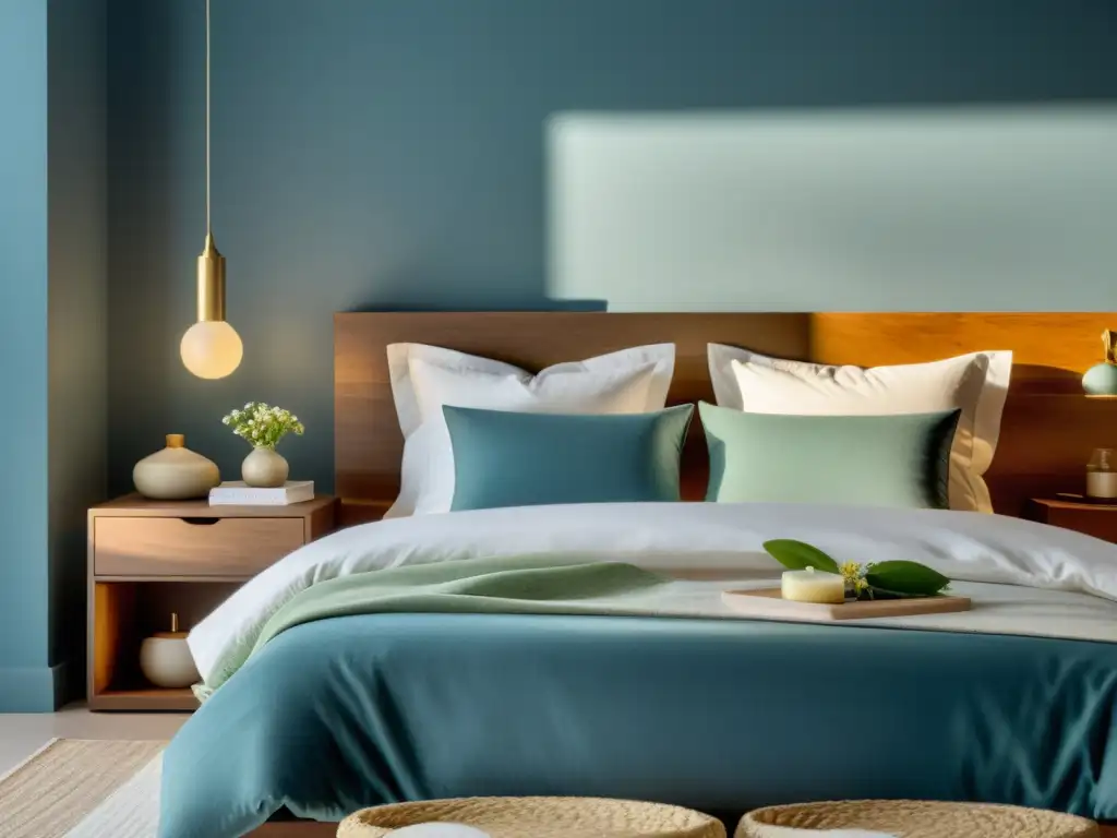 Una habitación serena con cama lujosa, alimentos y bebidas para dormir, en tonos relajantes