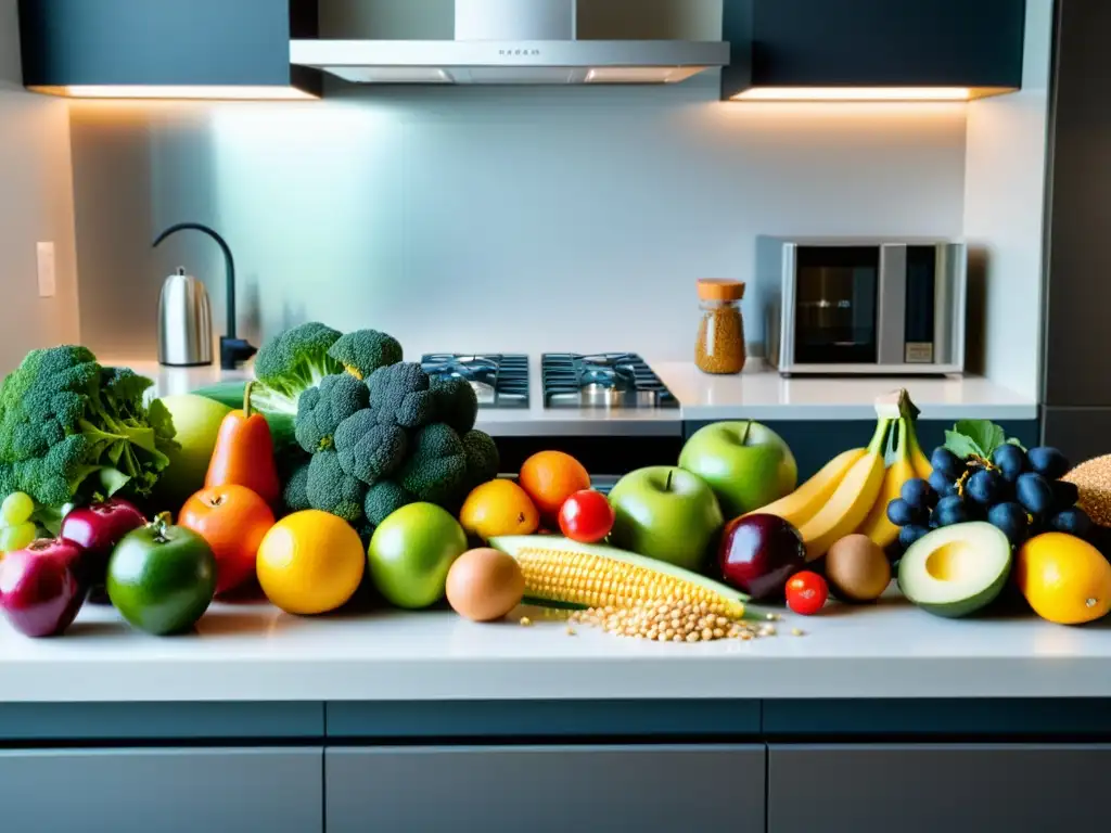 Deliciosos alimentos naturales en la cocina Una hermosa selección de alimentos frescos y coloridos para promover la nutrición deportiva y ganar energía