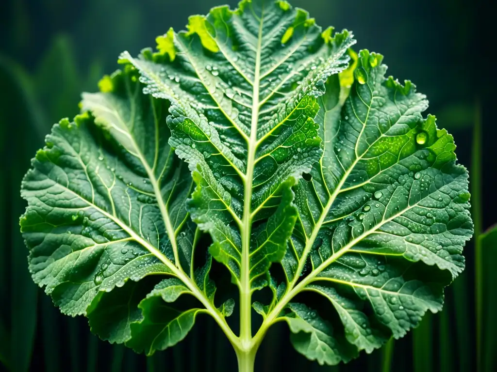 Detalles vibrantes de una hoja de col rizada verde con gotas de agua Una hoja de col rizada verde vibrante con gotas de agua brillantes, destacando la importancia de vitaminas para la salud ósea