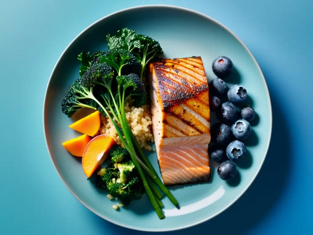 Plato posentrenamiento: Salmón, Quinua y Más Una imagen de alimentos coloridos y nutritivos que mejoran la recuperación muscular