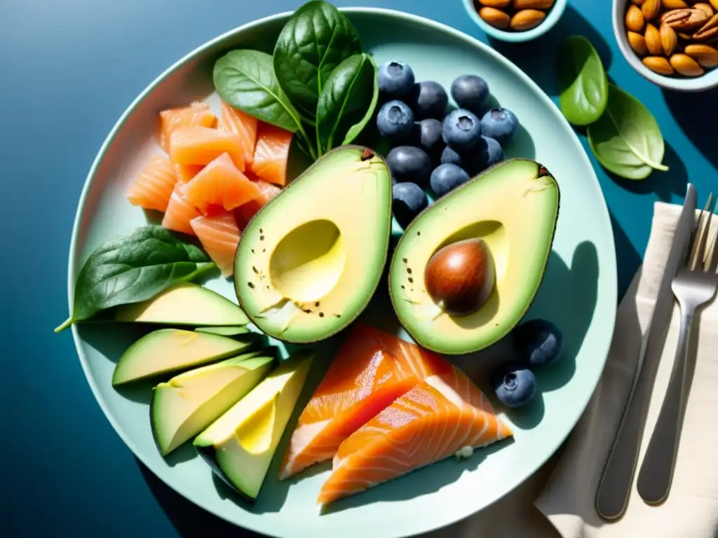Plato de alimentos vibrantes y saludables para combatir la ansiedad Imagen de alimentos coloridos y nutritivos, como aguacates, arándanos y salmón, en una presentación moderna
