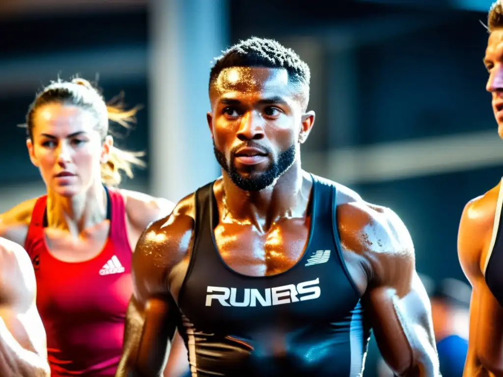 Atletas dedicados entrenando con determinación en un gimnasio moderno Una imagen con atletas entregados, sudando y superando límites en un gimnasio moderno