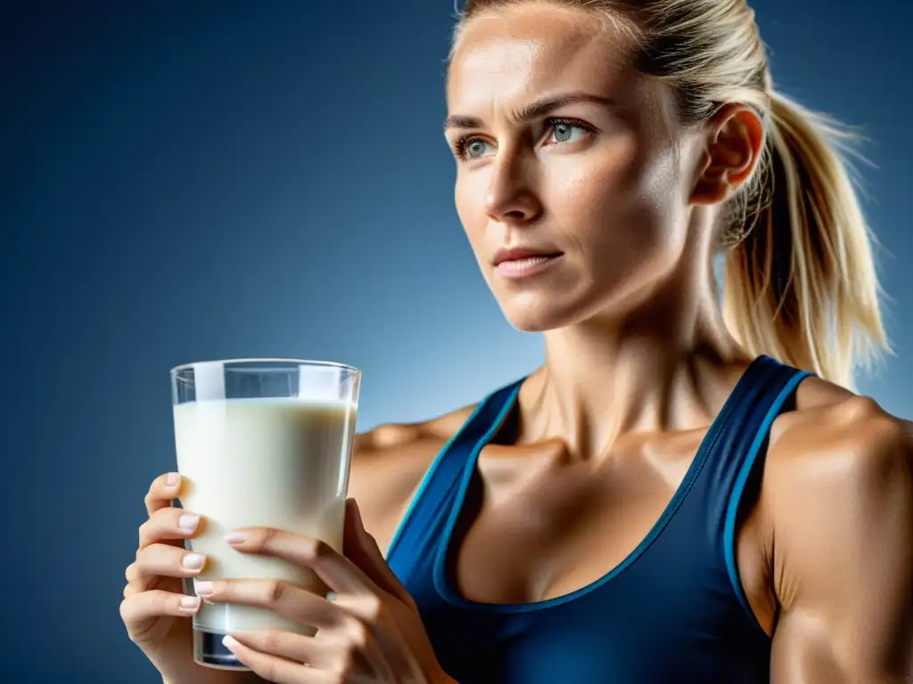 Fortalecimiento óseo: Atleta poderosa absorbiendo calcio Imagen detallada de una atleta sosteniendo un vaso de leche fortificada, con una estructura ósea fuerte y saludable visible bajo su piel