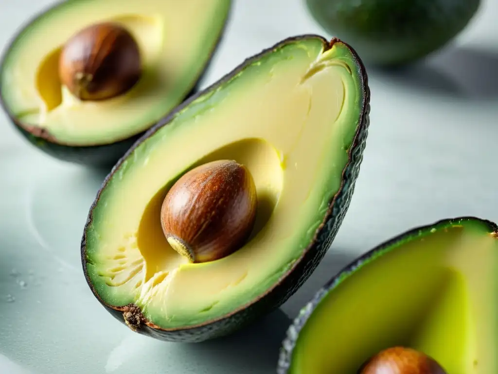Avocado maduro: detalle ultra realista del interior vibrante Una imagen detallada y vibrante de un aguacate maduro y cortado, con tonos verdes y textura cremosa