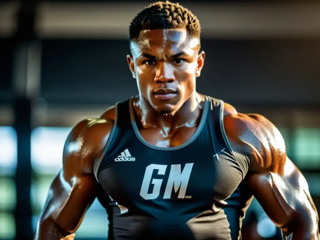 Atleta de Alto Rendimiento Entrenando Duro en el Gimnasio Imagen impactante de un atleta en entrenamiento intenso, resaltando la determinación y el esfuerzo físico