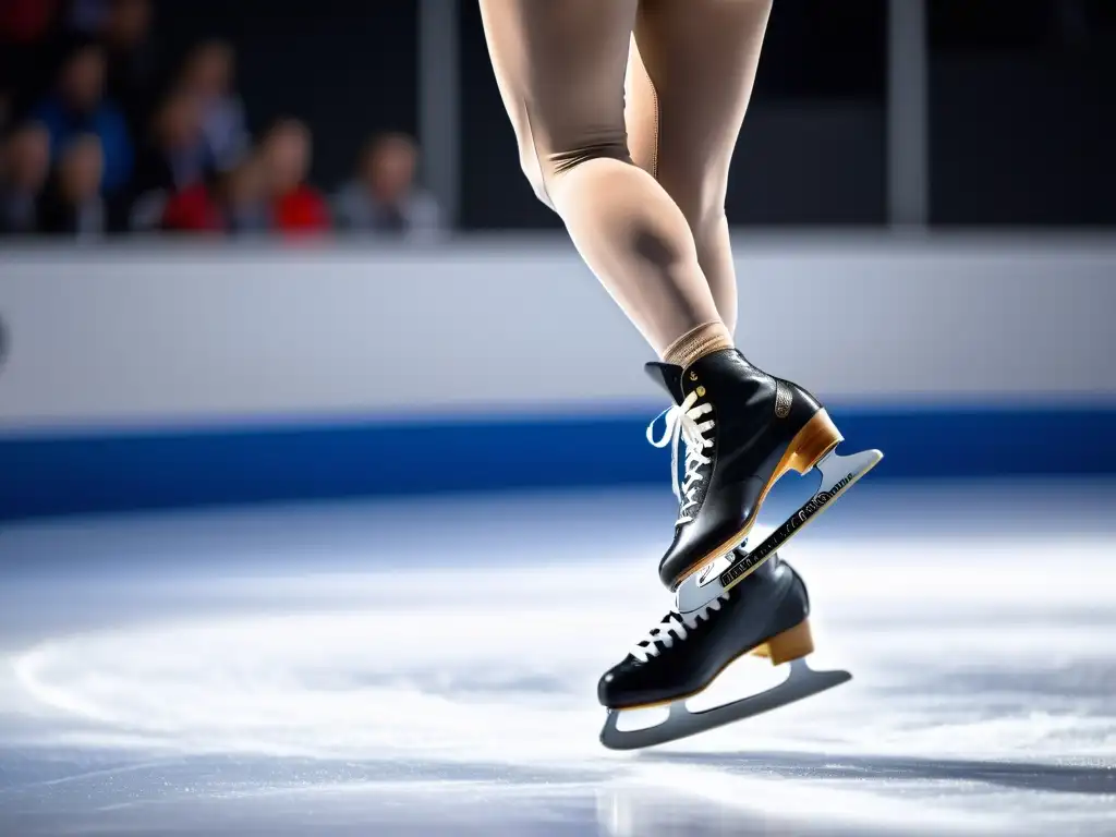 Potente salto: Detalle de patinadora ejecutando triple axel Imagen impactante de una patinadora ejecutando un triple axel, resaltando la fuerza y precisión de sus piernas