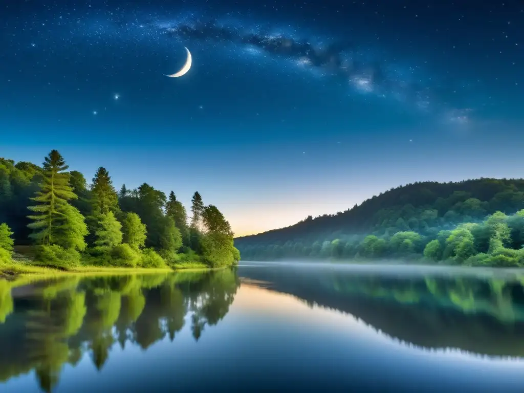Armonía nocturna: río sereno bajo la luna Imagen panorámica de un paisaje sereno y en luna llena con influencia de las grasas en el sueño