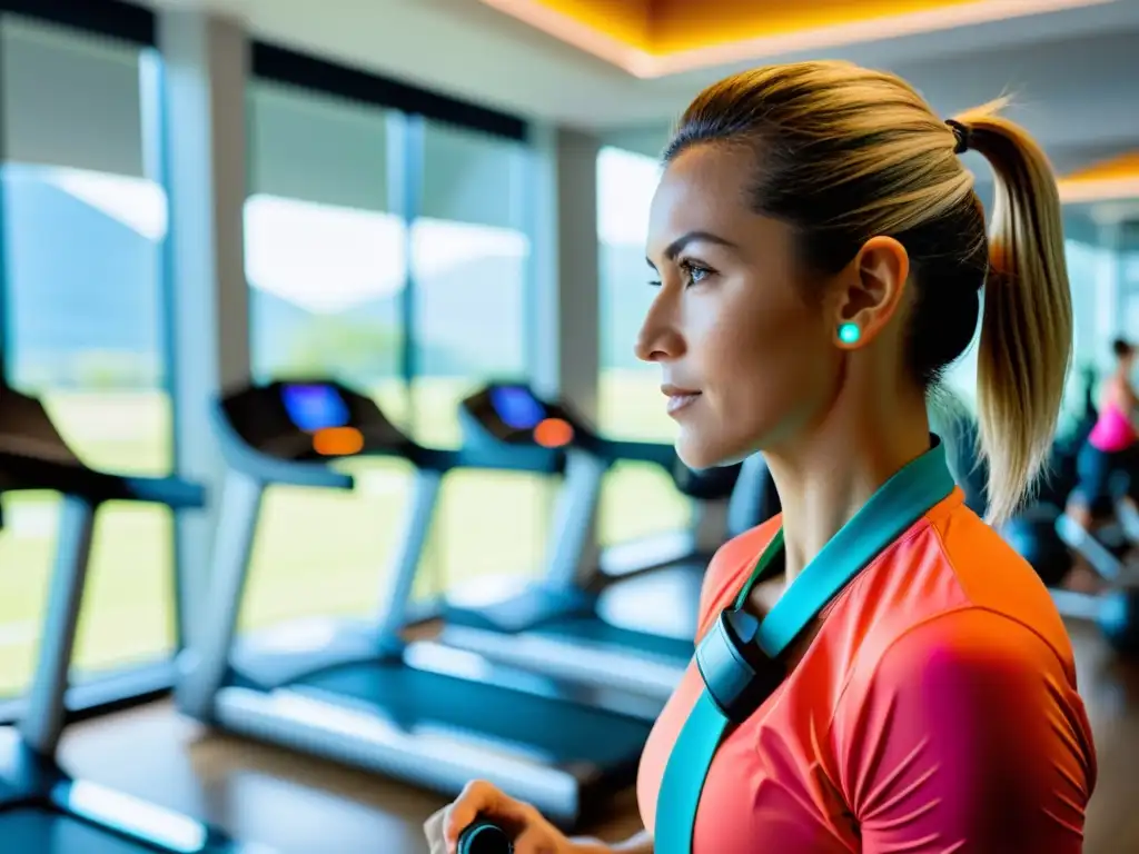 Entrenamiento personalizado con Fitbit: tecnología de vanguardia en acción Imagen de alta resolución de persona con Fitbit, entrenamiento personalizado, tecnología deportiva de vanguardia y ambiente moderno en el gimnasio