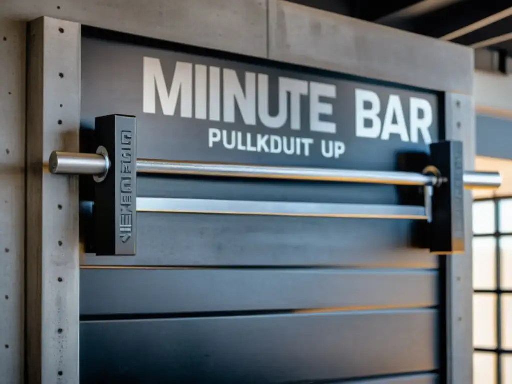 Barra de dominadas de acero negro: detalle ultrarrealista en resolución 8k Una imagen de alta resolución muestra una barra de dominadas de acero resistente montada en una pared de concreto en un gimnasio moderno