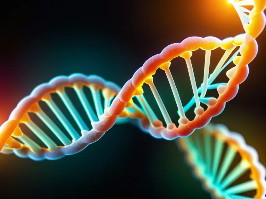 DNA brillante en detalle: doble hélice vibrante Una impresionante imagen de un ADN con colores vibrantes y una estructura de doble hélice detallada, en un fondo oscuro, evocando tecnología de precisión y la complejidad de la genética, ideal para nutrición deportiva personalizada para atletas