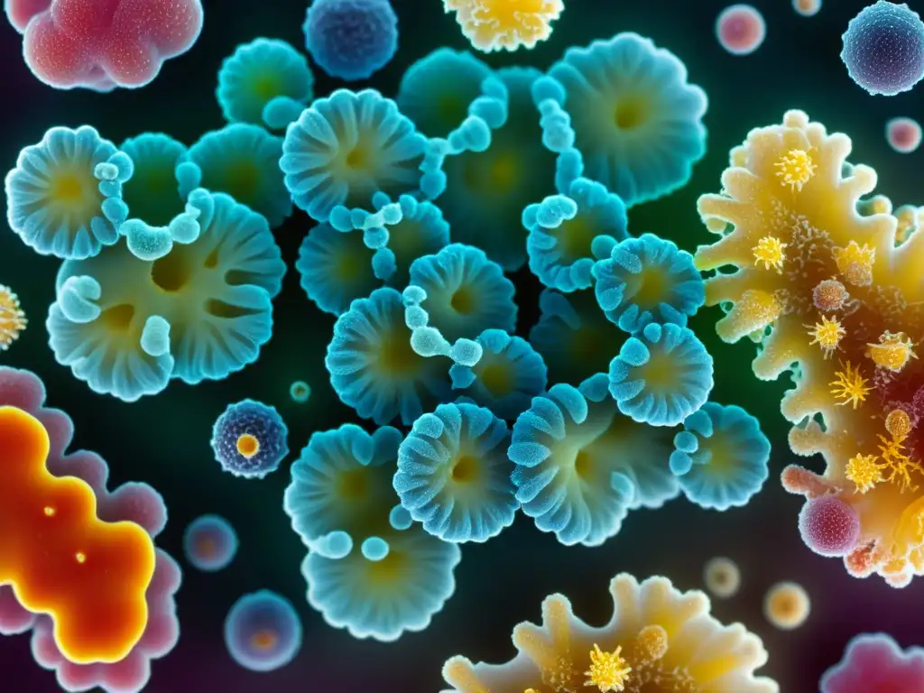 Microbiota diversa: Un vistazo detallado a bacterias probióticas Una impresionante imagen de cultivos de probióticos, mostrando su diversidad de colores y estructuras celulares bajo microscopio
