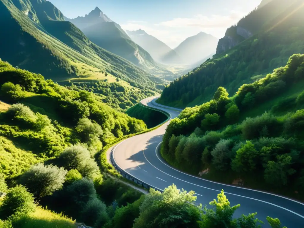 Carretera sinuosa entre montañas: aventura en la naturaleza Un impresionante paisaje montañoso con una carretera sinuosa rodeada de exuberante vegetación y picos imponentes