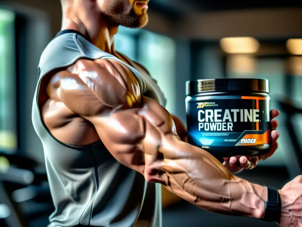 Musculatura definida: Capturando la fuerza y el rendimiento con creatina Un impresionante primer plano de un brazo musculoso agarrando un recipiente de polvo de creatina monohidrato