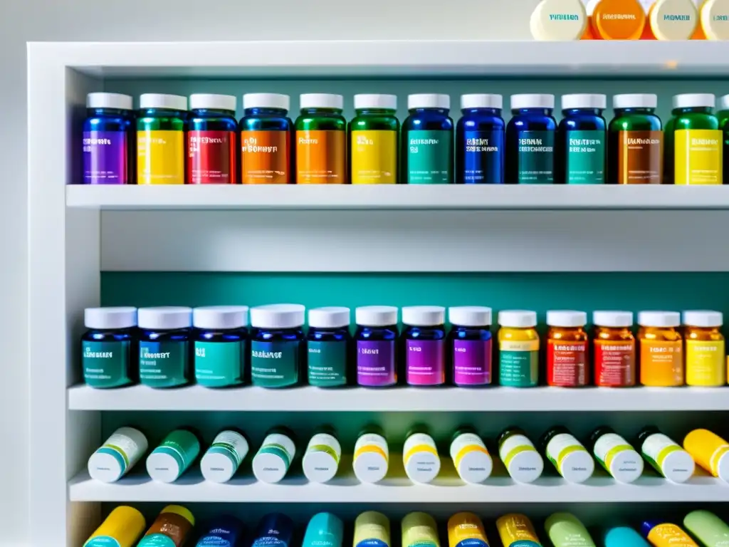 Suplementos vitamínicos: colores vibrantes y precisión Una impresionante variedad de suplementos vitamínicos y minerales para Crossfit, organizados en una elegante encimera blanca