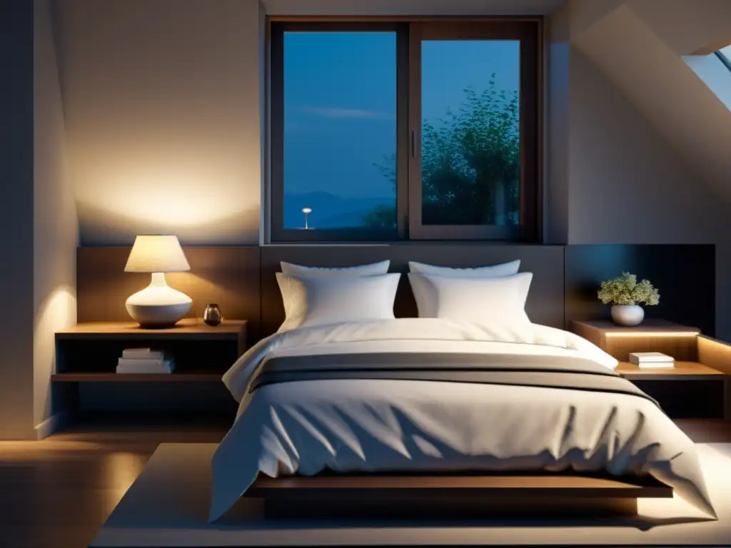 Dormitorio moderno y sereno con iluminación suave Influencia de las grasas en el sueño: Dormitorio sereno y moderno con iluminación suave y una cama impecablemente hecha