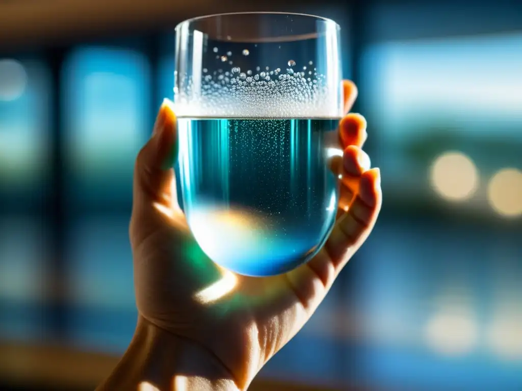 Un instante mágico: una mano sostiene un vaso de agua con burbujas efervescentes de magnesio, en un gimnasio moderno
