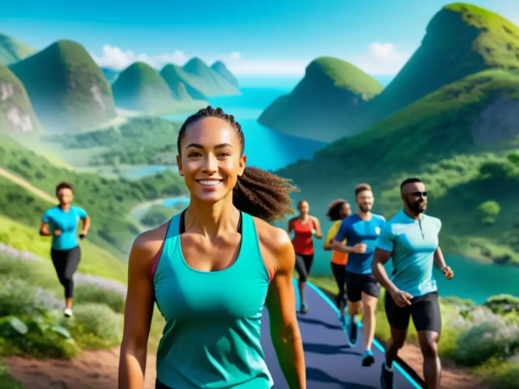 Entrenador virtual lleva a avatares en paisaje 8k Un instructor de fitness virtual lidera avatares en un paisaje digital, con gamificación en fitness para motivación