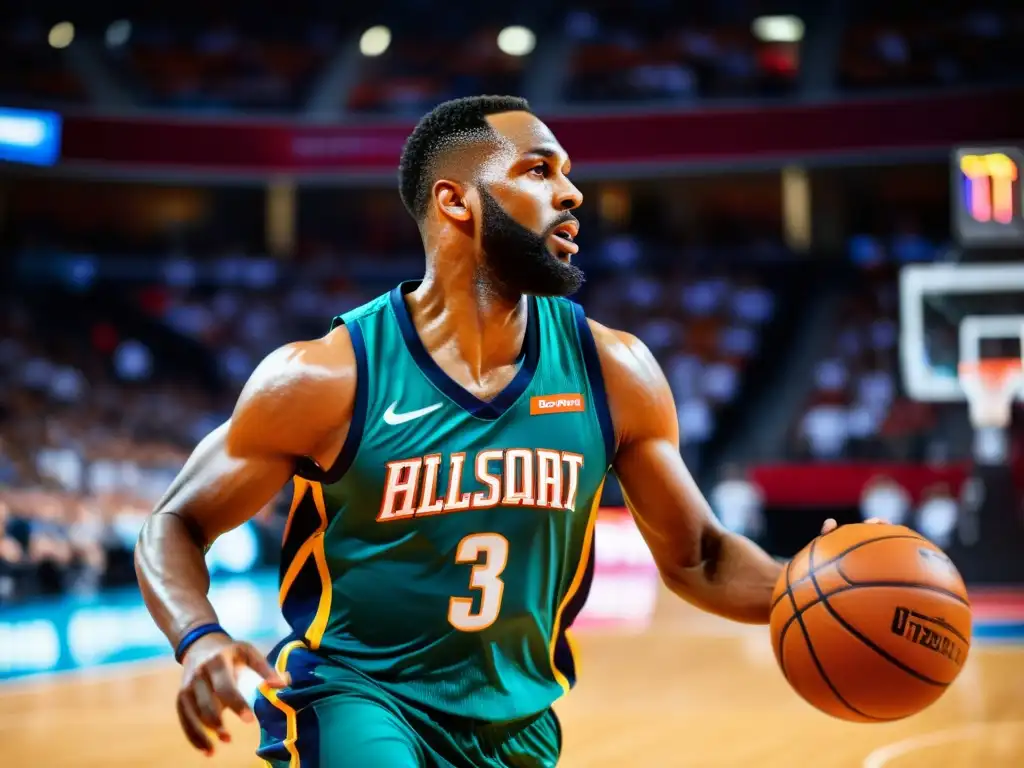 Jugador de baloncesto en acción: determinación y poder en cada movimiento Jugador de baloncesto en acción, concentrado en la canasta, con determinación en los ojos