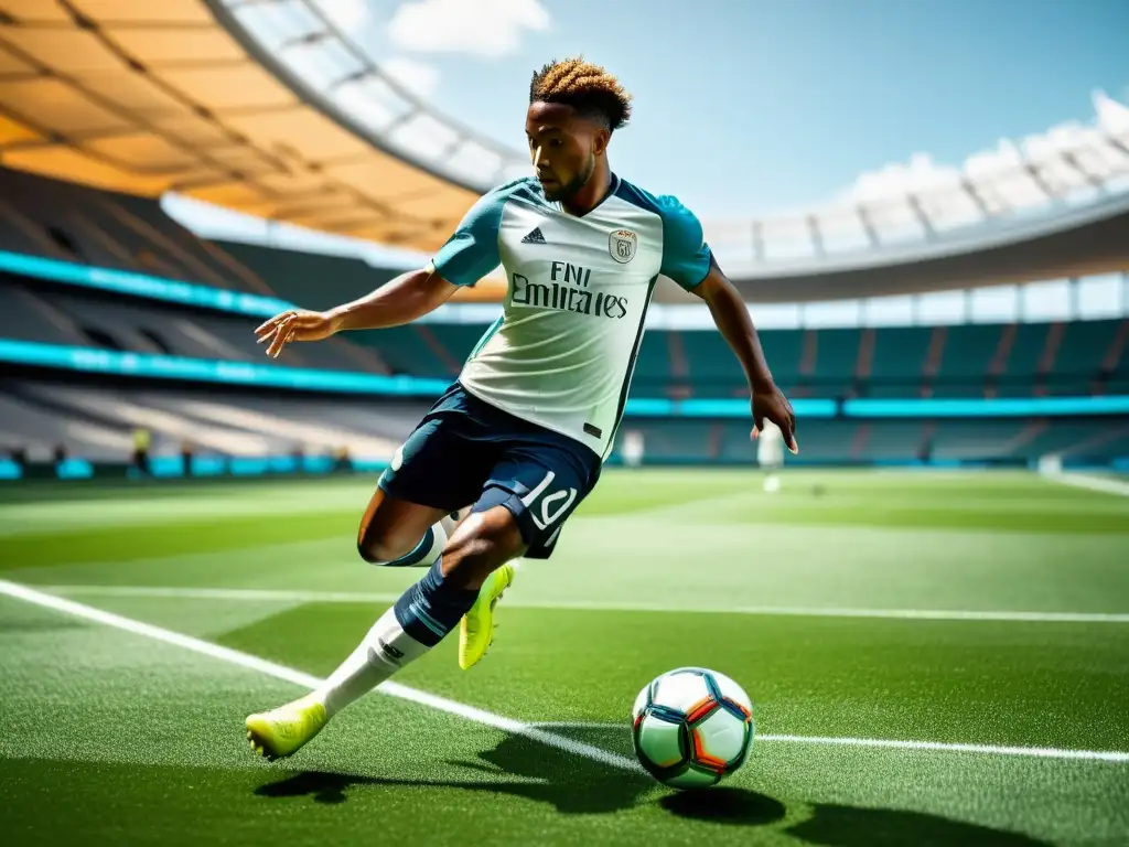 Estadio futurista con jugador de fútbol en acción Jugador de fútbol en estadio futurista