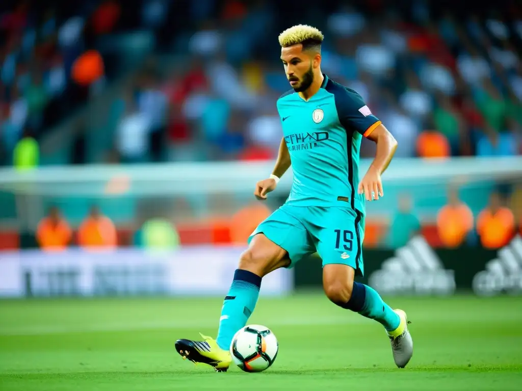 Jugador de fútbol en acción: Determinación y energía Un jugador de fútbol profesional en plena acción, mostrando determinación y enfoque