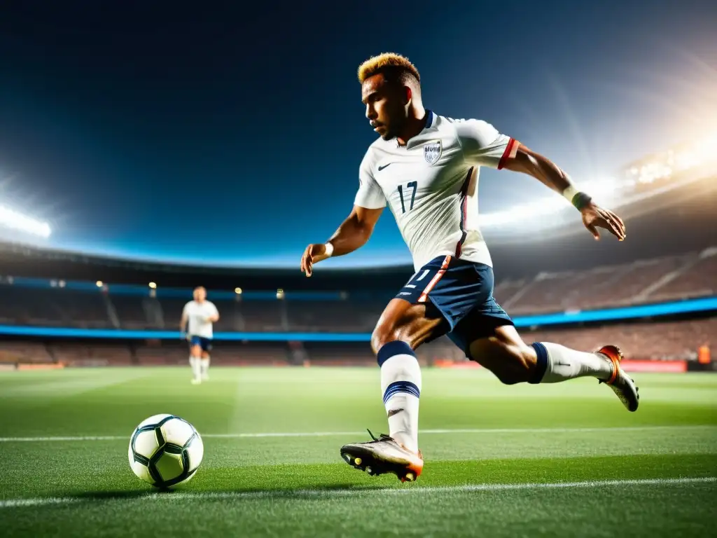 Imagen de futbolista profesional en acción con determinación y fuerza Un jugador de fútbol profesional en pleno sprint, expresando determinación y fuerza, con beneficios de la suplementación con creatina