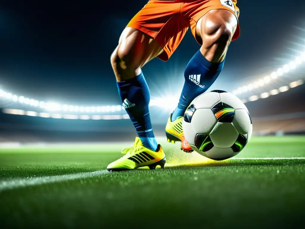 Piernas musculosas de futbolista: potencia y agilidad con creatina Un jugador de fútbol profesional muestra poder y agilidad al patear el balón, destacando los beneficios de la suplementación con creatina