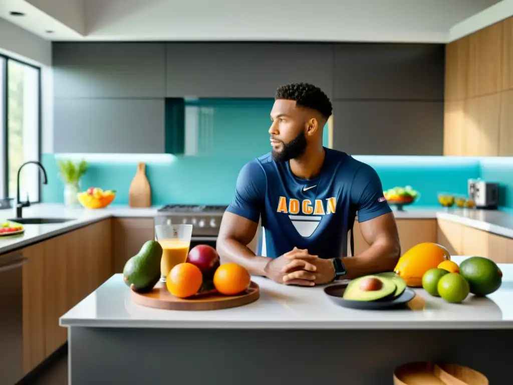 Desayuno de alto rendimiento para jugador de baloncesto Un jugador profesional de baloncesto disfruta de un desayuno de alto rendimiento en una cocina moderna y luminosa