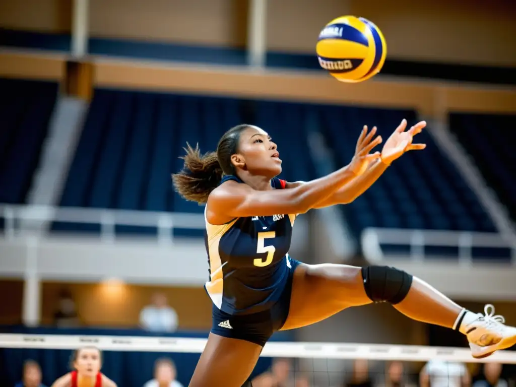 Poderosa jugadora de voleibol en acción: Impacto en los huesos Jugadora de voleibol profesional en pleno salto, enfocando la importancia de vitaminas para salud ósea en deportes de alto impacto