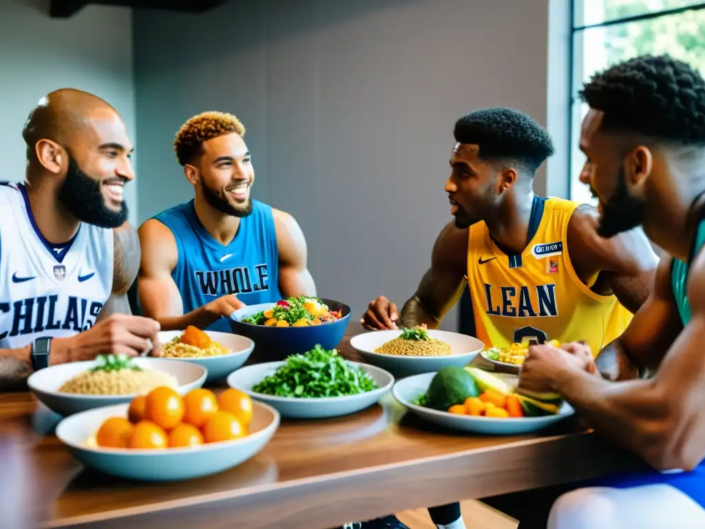 Plan de alimentación personalizado para jugadores de baloncesto Jugadores de baloncesto con comidas esenciales para competición deportiva en una mesa colorida y vibrante, listos para el juego